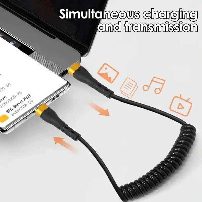 Câble PD 120W USB-C vers USB-C 5A Charge Rapide Câble Chargeur de Voiture USB-C à Ressort pour iPhone 15 Series Xiaomi 12 Samsung S23 Macbook
