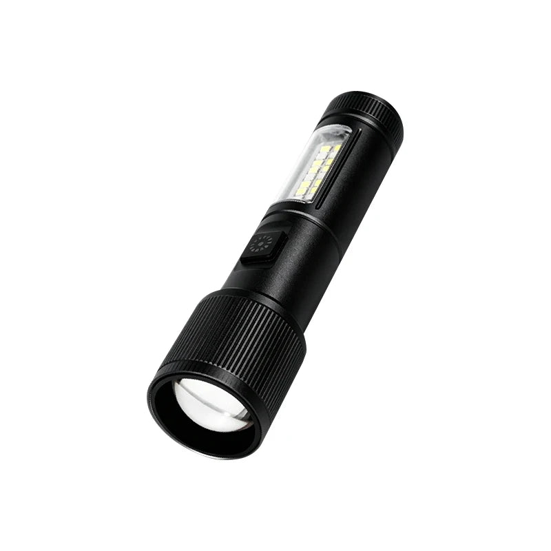 Sort LED-lommelygte (teleskopisk aluminiumlegering) med lang batteritid, uundværlig til camping og udforskning