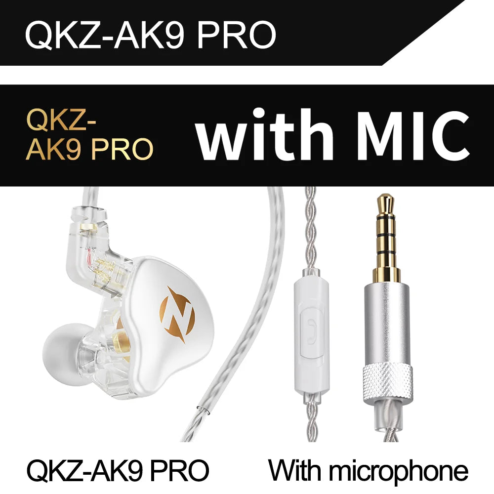 Die kabelgebundenen QKZ AK9 Pro Ohrhörer sind dynamische In-Ear-Monitor-Kopfhörer mit abnehmbarem 2-Pin-Kabel und HiFi-Stereobass.