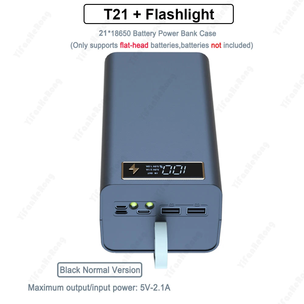 T21-batteriopbevaringsboks til 21*18650 med lommelygte, powerbank-etui, batteriholderboks med dobbelt USB, DIY-skal til 18650-batterier