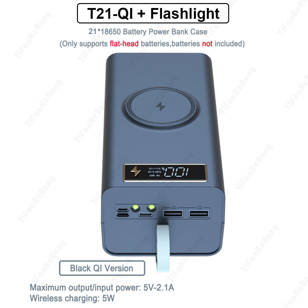 T21-batteriopbevaringsboks til 21*18650 med lommelygte, powerbank-etui, batteriholderboks med dobbelt USB, DIY-skal til 18650-batterier
