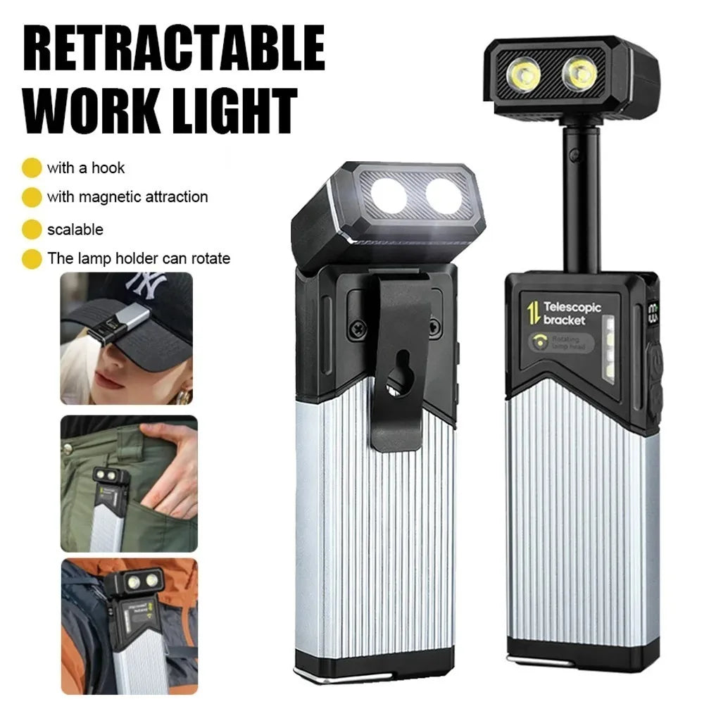 Transportabel, 180° drejelig og udtrækkelig LED-lommelygte, vandtæt arbejdslampe med magnetisk fastgørelse til camping, fiskeri og vandreture