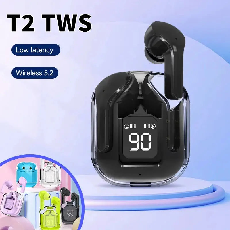 Original T2 Oreillettes Bluetooth sans fil transparentes HIFI Casque LED Affichage numérique de la puissance Son stéréo Oreillettes pour Xiaomi