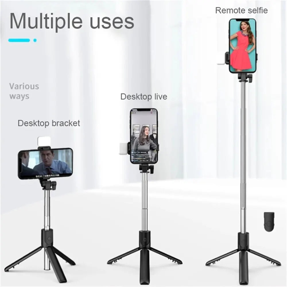 Support de trépied perche à selfie Bluetooth portable avec télécommande, lumière d'appoint, télécommande sans fil extensible et support de téléphone rétractable