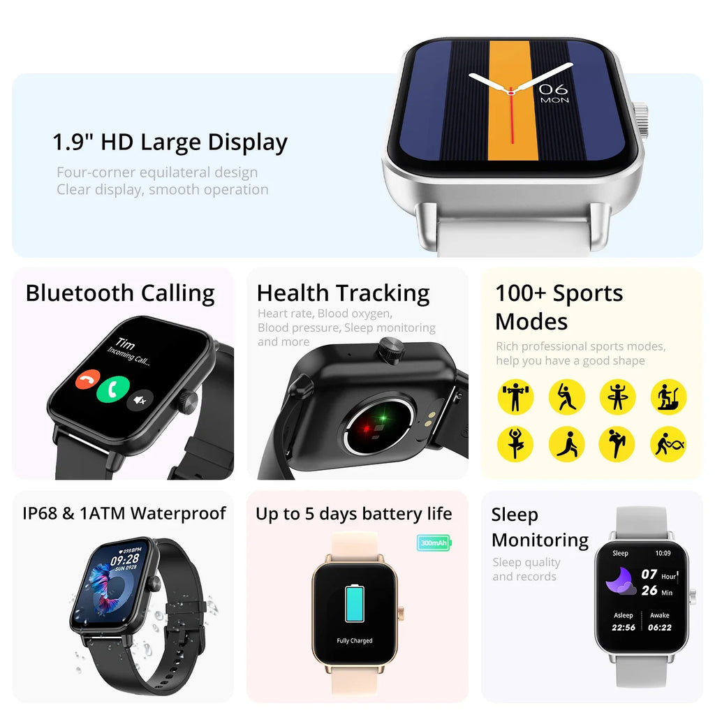 COLMI P81-smartwatch med stemmeopkald, Ultra 1.9-tommers skærm, 24-timers sundhedsovervågning, 100+ sportstilstande, Bluetooth-smartwatch til mænd og kvinder
