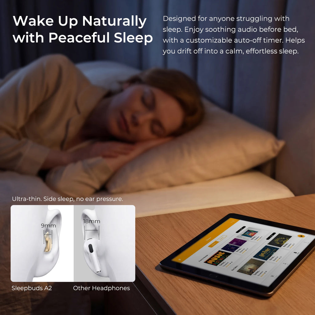 KIESLECT Sleepbuds A2 Bluetooth 5.4, IPX4-vandtætte, kun 2.8g pr. enhed, kan tilpasses i appen, fordybende stilhed med avanceret ANC