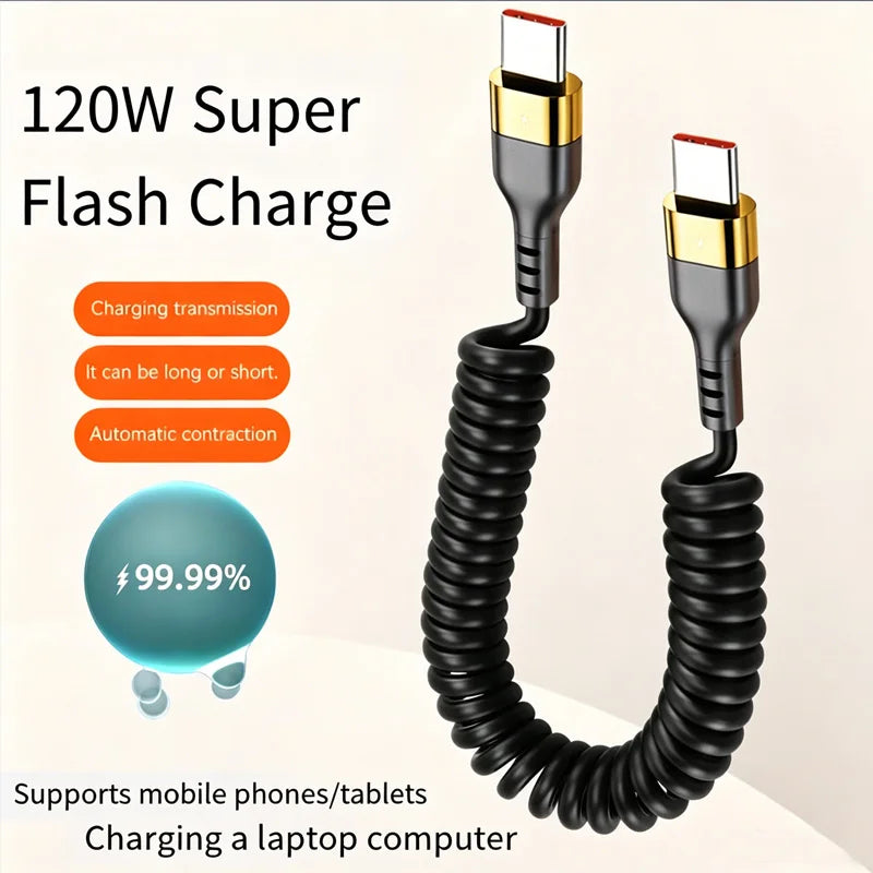 Udtrækkeligt 120 W PD-hurtigopladningskabel med USB-C til USB-C-spiralkabel, kompatibelt med iPhone 16/17, Xiaomi- og Samsung-enheder med hurtig opladning