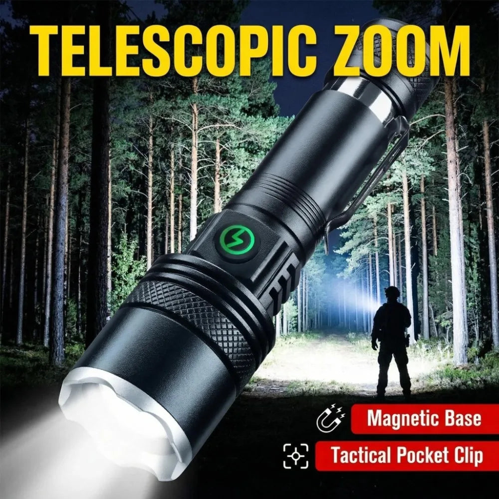 Rechargeable LED Flashlight Zoomable Waterproof Aluminum Alloy Torch with Clip Magnet for Outdoor Hiking Camping Night Use