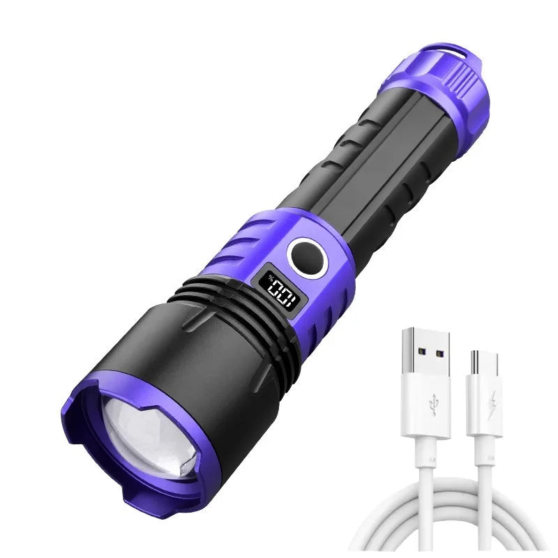 Multifunktionel kraftig LED-lommelygte med USB-opladning, zoomfunktion og digitalt display, aluminiumslommelygte til udendørs camping
