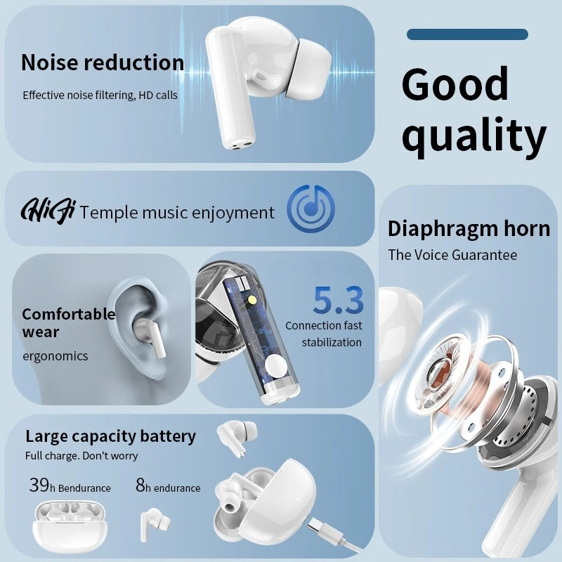 Nye trådløse Bluetooth-headset, TWS-headset med mikrofon, stereo-sports-in-ear-headset med touchstyring og lang standbytid