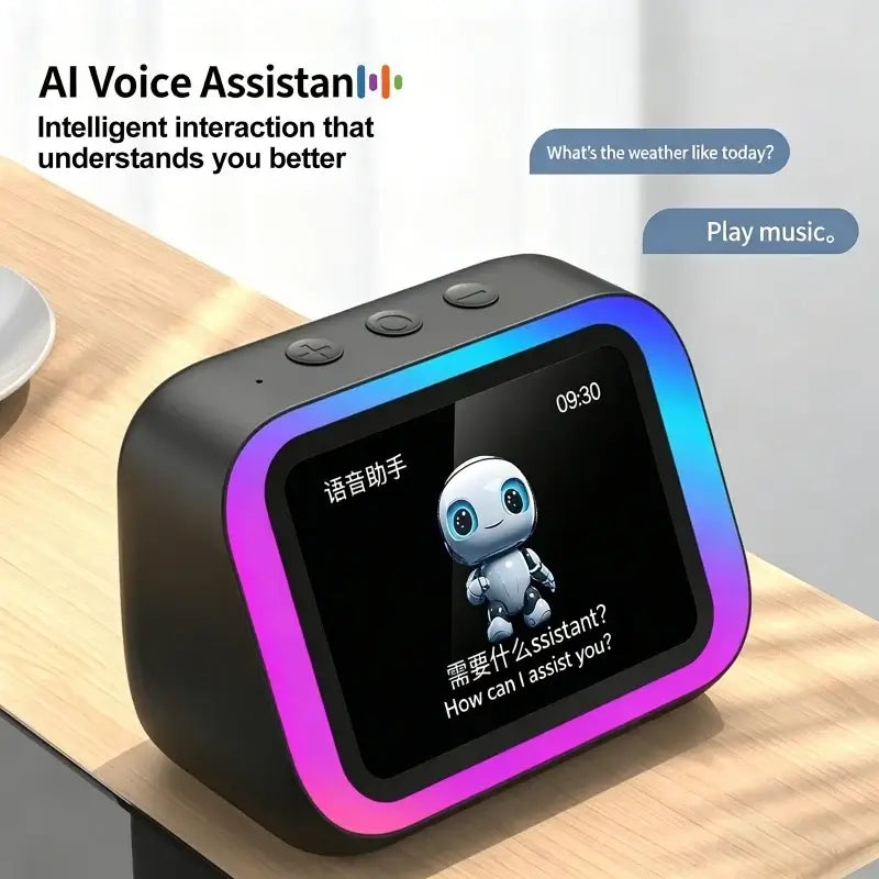 AI-stemmeassistent-Bluetooth-højttaler med RGB-farvebelysning, vækkeur, LED-skærm, vejrur-display og elektronisk højttaler
