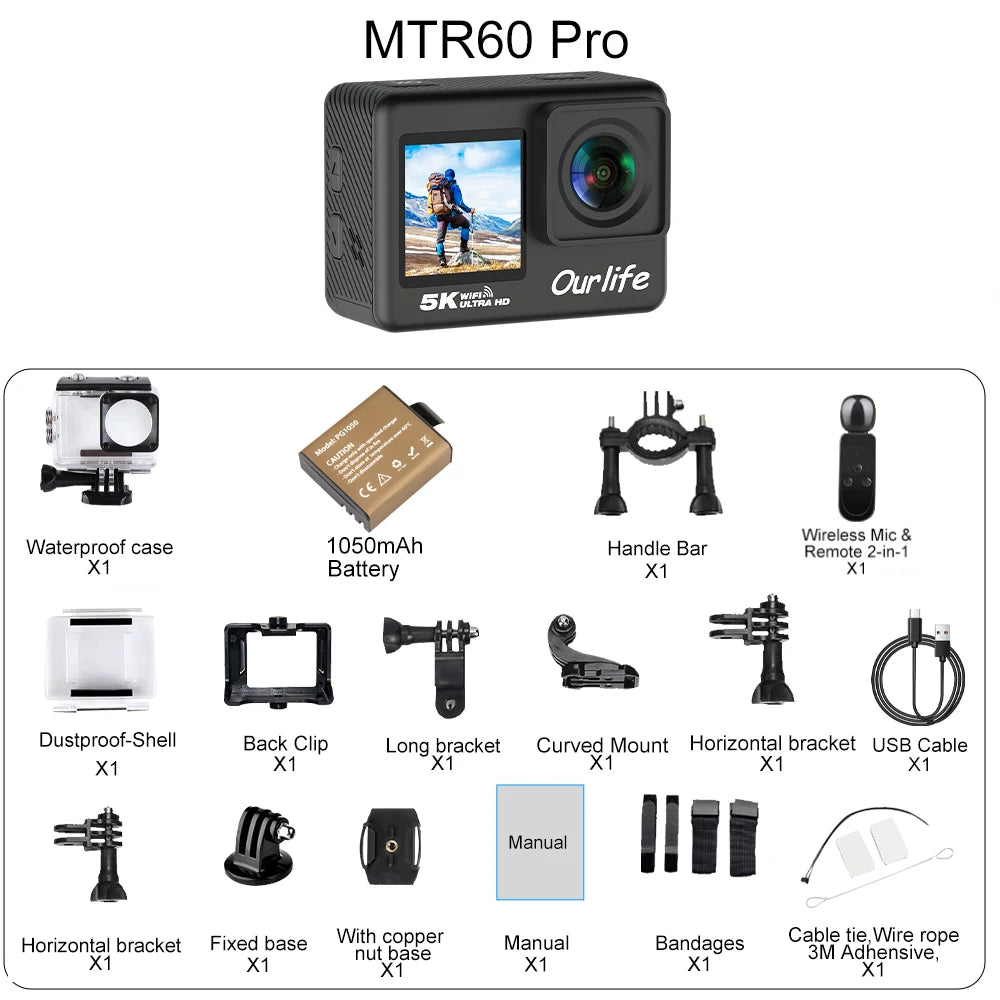 Cámara deportiva Ourlife 5K30FPS, pantalla LCD táctil de 2.0'', DVR de 170°, resistente al agua hasta 30 m, control remoto, zoom 5X, cámara deportiva con casco, WiFi y 4K60FPS