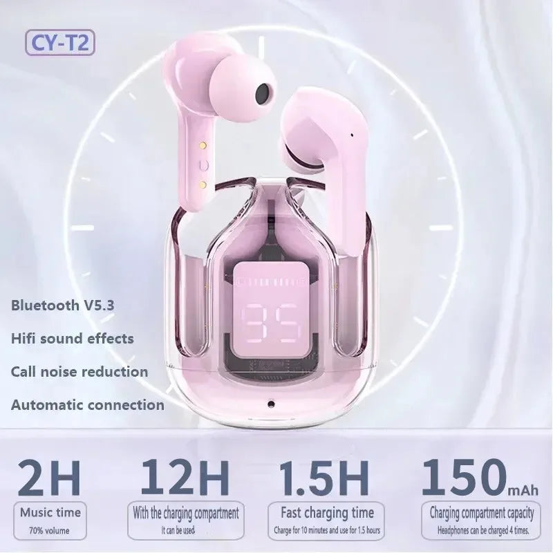 Original T2 Oreillettes Bluetooth sans fil transparentes HIFI Casque LED Affichage numérique de la puissance Son stéréo Oreillettes pour Xiaomi