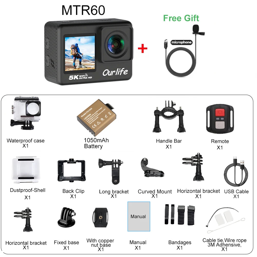 Cámara deportiva Ourlife 5K30FPS, pantalla LCD táctil de 2.0'', DVR de 170°, resistente al agua hasta 30 m, control remoto, zoom 5X, cámara deportiva con casco, WiFi y 4K60FPS