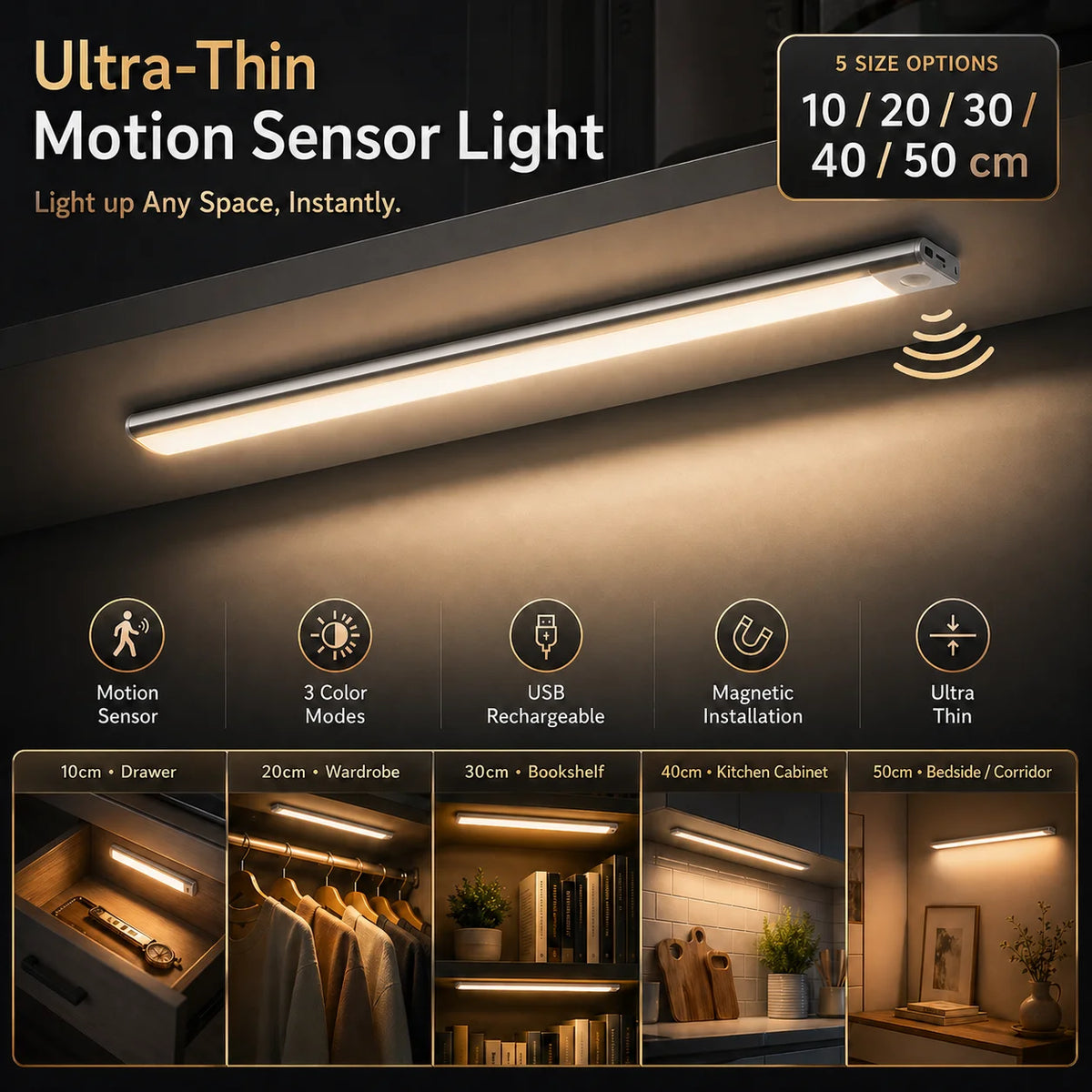 Ultra Thin Wireless LED Cabinet Light Motion Sensor USB TypeC Rechargeable Magnetic Dimmable 3Colors Indoor for Kitchen Wardrobe