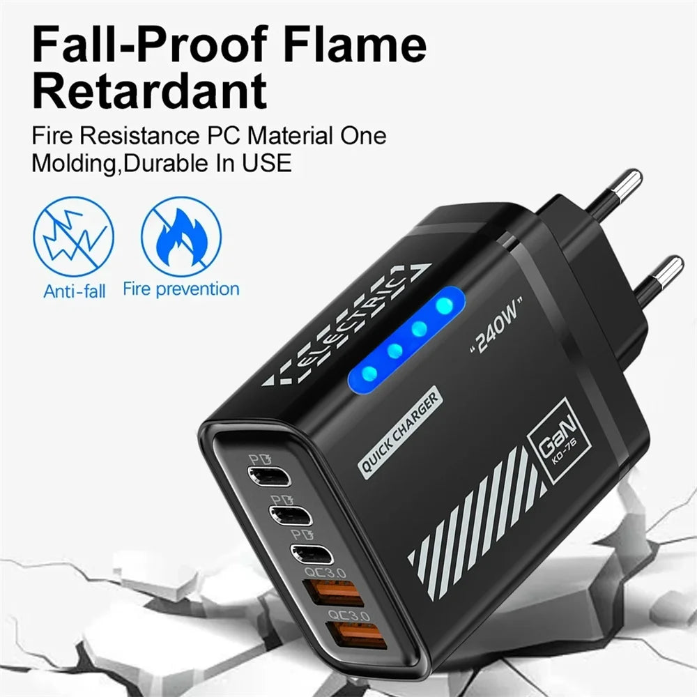 240W GaN 5-in-1 Desktop Charger USB C PD QC 3.0 Fast Charging Charger For MacBook iPhone 17 16 15 Pro Samsung Xiaomi EU US Plug