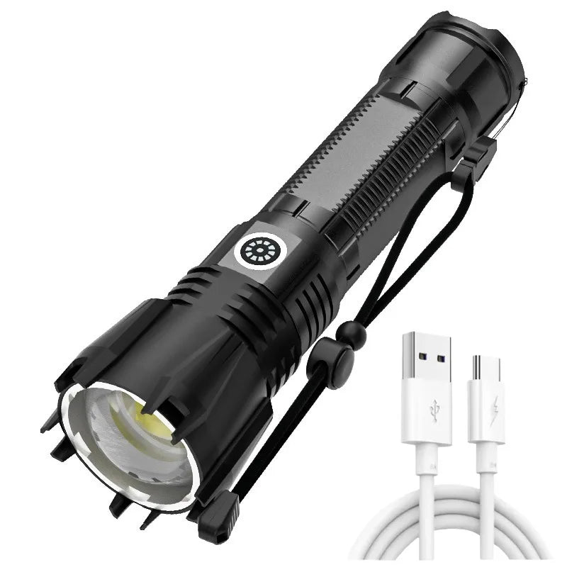 Højtydende P90 LED-lommelygte med TYPE-C-opladning, zoom og søgelys, vandtæt fakkel til udendørs camping og jagt