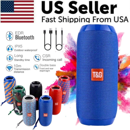Bluetooth Speaker Wireless Waterproof Outdoor Stereo Bass USB/TF/FM in various colors with EDR Bluetooth and IPX5 rating.