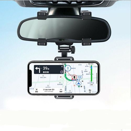 Universal 360 Rotation Car Rear View Mirror Mount Stand GPS Cell Phone with smartphone showing GPS navigation.