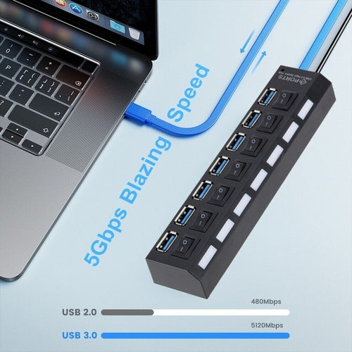 7 Port USB 2.0 / 3.0 Hub Splitter Adapter High Speed For PC Laptop Mac with 5Gbps blazing speed.