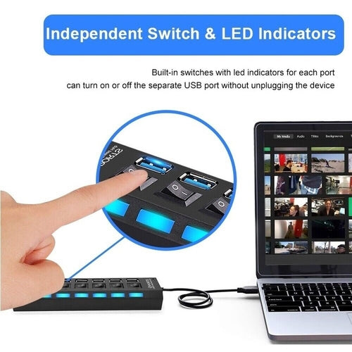 7 Port USB 2.0 / 3.0 Hub Splitter Adapter High Speed For PC Laptop Mac with independent switch and LED indicators.