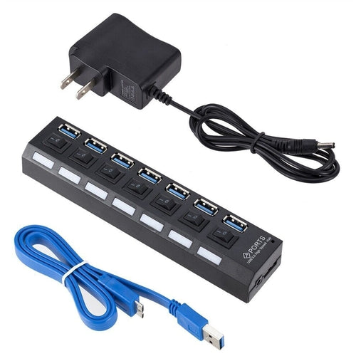 7 Port USB 2.0 / 3.0 Hub Splitter Adapter High Speed For PC Laptop Mac with power adapter and cable.