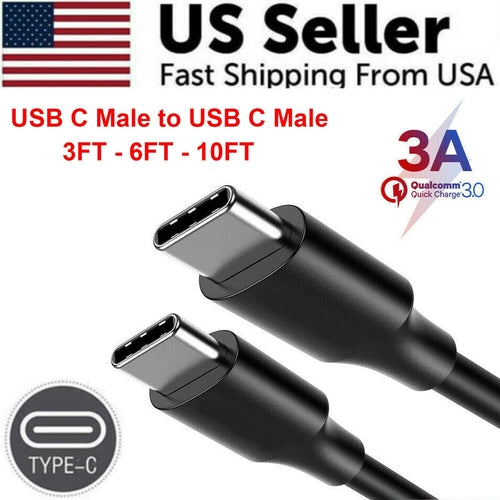 USB-C to USB-C Cable Male Type-C Cable Cord Fast Charger Charging Data, 10FT length for quick data transfer and charging.