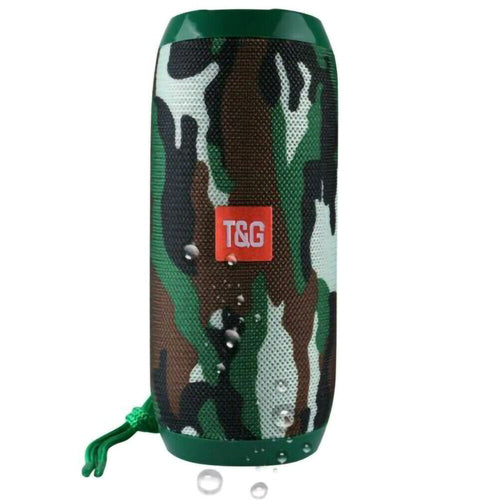 Bluetooth Speaker Wireless Waterproof Outdoor Stereo Bass USB/TF/FM in camo design with water droplets.