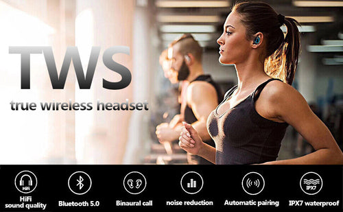 Bluetooth 5.1 Headset TWS Wireless Earphones Mini Earbuds Stereo in use by a woman during workout.