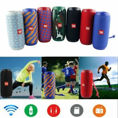 Bluetooth Speaker Wireless Waterproof Outdoor Stereo Bass USB/TF/FM displayed in various colors and settings.