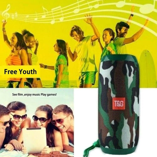 Bluetooth Speaker Wireless Waterproof Outdoor Stereo Bass USB/TF/FM next to a group of friends having fun outdoors.