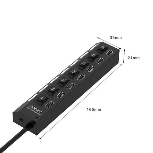 7 Port USB 2.0 / 3.0 Hub Splitter Adapter High Speed For PC Laptop Mac with measurements.