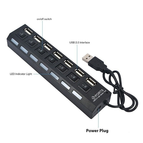 7 Port USB 2.0 / 3.0 Hub Splitter Adapter High Speed For PC Laptop Mac with power plug and on/off switch.