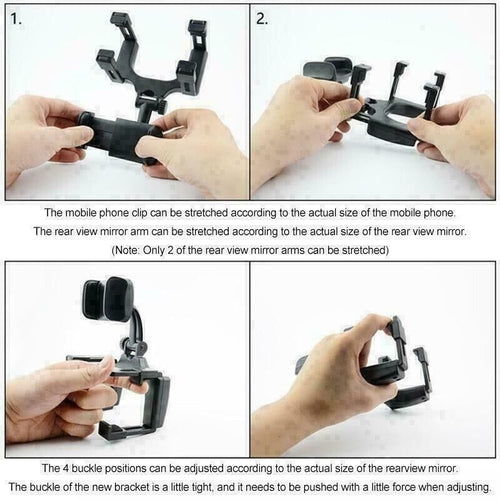 Universal 360 Rotation Car Rear View Mirror Mount Stand GPS Cell Phone installation steps for mobile phone clip and mirror arm adjustment.