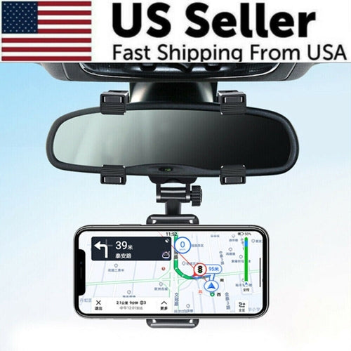 Universal 360 Rotation Car Rear View Mirror Mount Stand GPS Cell Phone holding a smartphone displaying navigation.