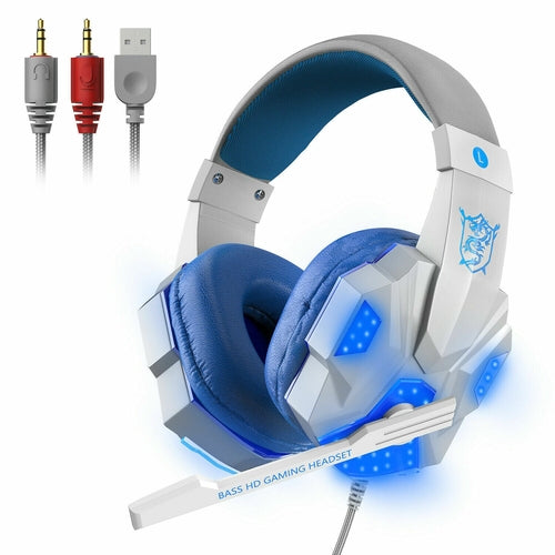 3.5mm Gaming Headset Mic LED Headphones Stereo Bass Surround For PC, featuring LED lights and dual connectors.