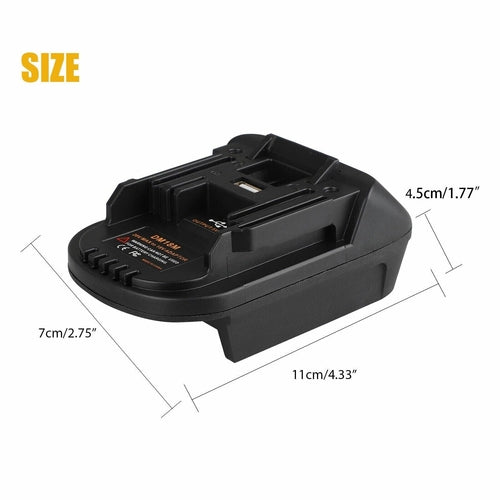 USB Battery Adapter Converter For 20V DEWALT Milwaukee M18 Convert To showing detailed size measurements.