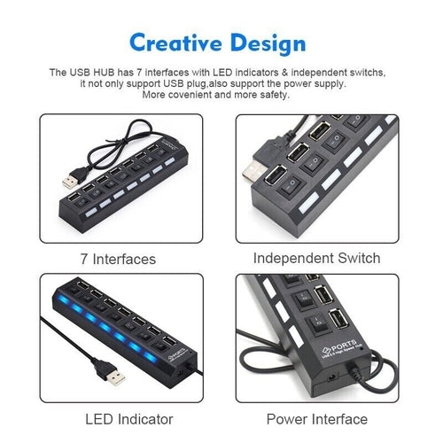 7 Port USB 2.0 / 3.0 Hub Splitter Adapter High Speed For PC Laptop Mac with LED indicators and independent switches.