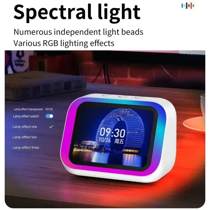 AI-stemmeassistent-Bluetooth-højttaler med RGB-farvebelysning, vækkeur, LED-skærm, vejrur-display og elektronisk højttaler