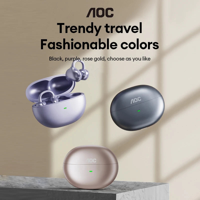 Auriculares de botón inalámbricos Bluetooth AOC ACD2544 con clip para la oreja, diseño abierto, sonido estéreo envolvente, baja latencia, auriculares para juegos y música