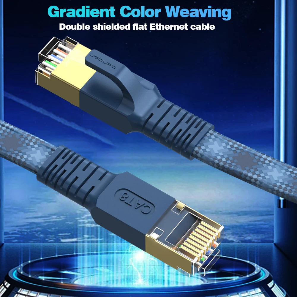 Fladt CAT 8-netværkskabel til internet, 40Gbps, 2000MHz, rundt RJ45-LAN-kabel med nylonfletning, patchkabel til modem, router, PC, PS4/5/6 og Xbox
