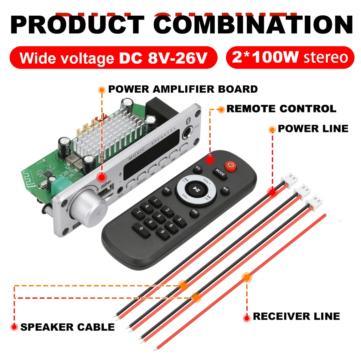 NY 200W Bluetooth-forstærker og DIY MP3 WAV-dekoderkort, DC 12V 100W, trådløs bil-USB MP3-afspiller med TF-kortplads, USB-FM og mikrofon