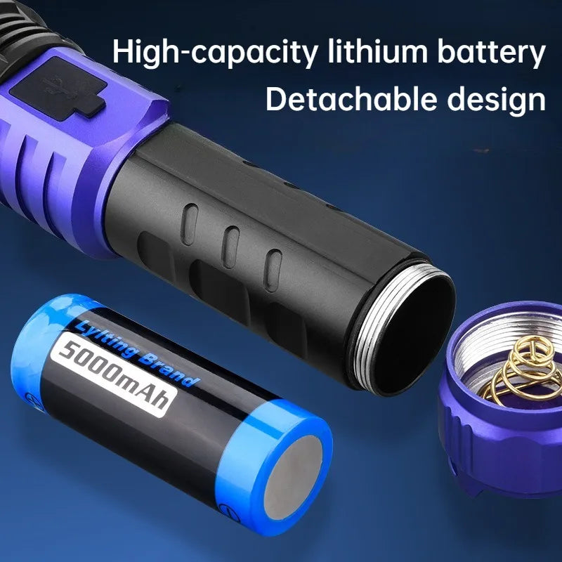 Multifunktionel kraftig LED-lommelygte med USB-opladning, zoomfunktion og digitalt display, aluminiumslommelygte til udendørs camping
