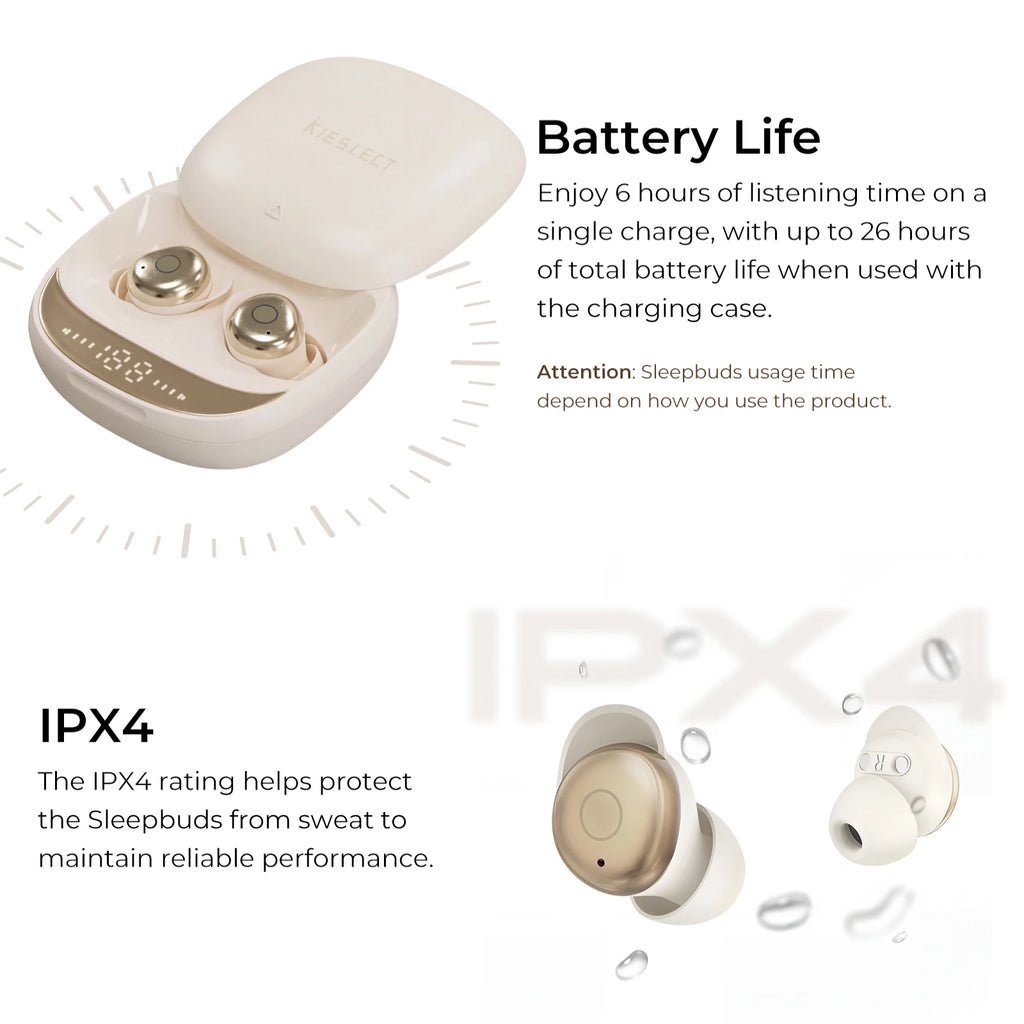 KIESLECT Sleepbuds A2 Bluetooth 5.4, IPX4-vandtætte, kun 2.8g pr. enhed, kan tilpasses i appen, fordybende stilhed med avanceret ANC