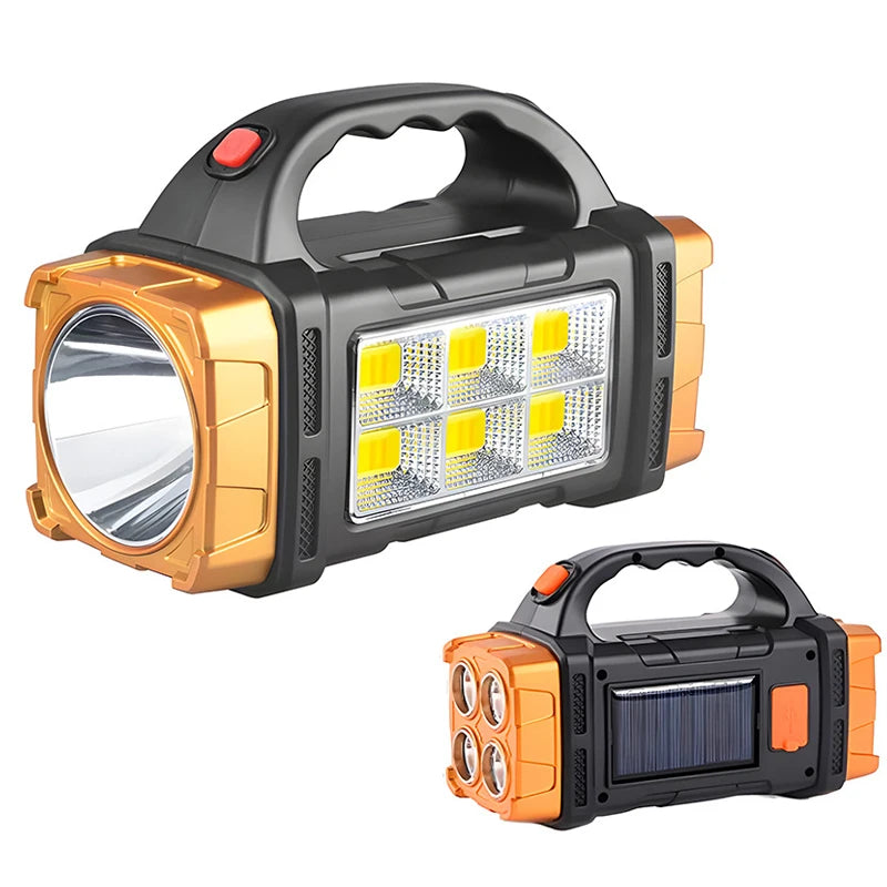 Transportabel, kraftig USB-genopladelig lommelygte med solcelle-LED, COB-arbejdslampe, 4 lysindstillinger, mobilopladning og campinglampe