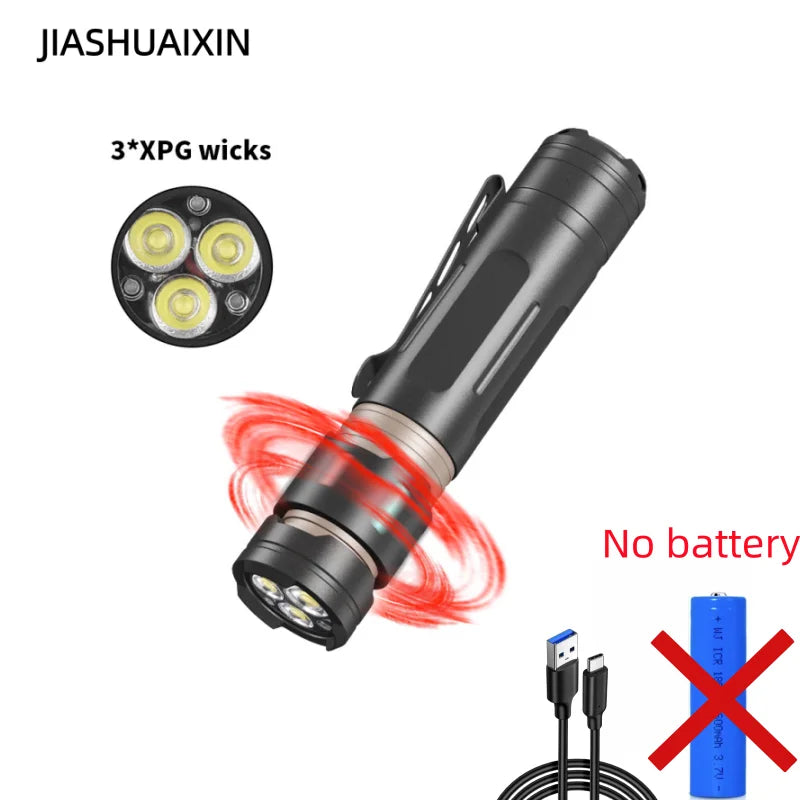 Linterna LED JIASHUAIXIN 3*XPG, linterna multifuncional luminosa antiestrés con clip para bolígrafo