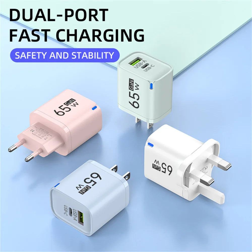 65W Fast Charge USB Type C Charger GaN Mobile Phone Adapter For iPhone Xiaomi Huawei Samsung Oneplus High Speed Charging Adapter