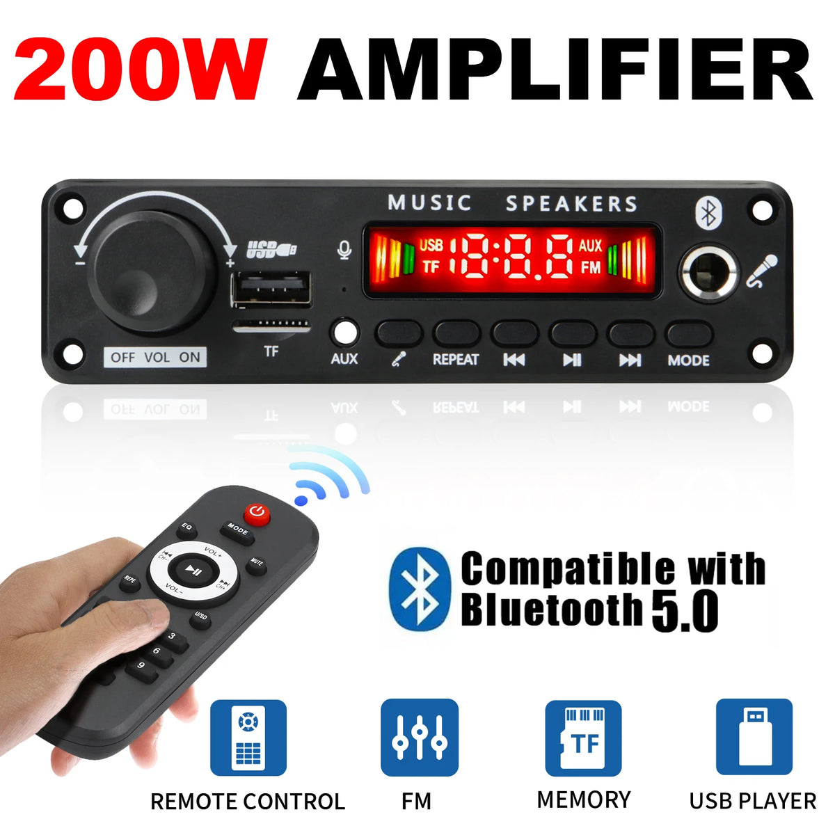 NY 200W Bluetooth-forstærker og DIY MP3 WAV-dekoderkort, DC 12V 100W, trådløs bil-USB MP3-afspiller med TF-kortplads, USB-FM og mikrofon