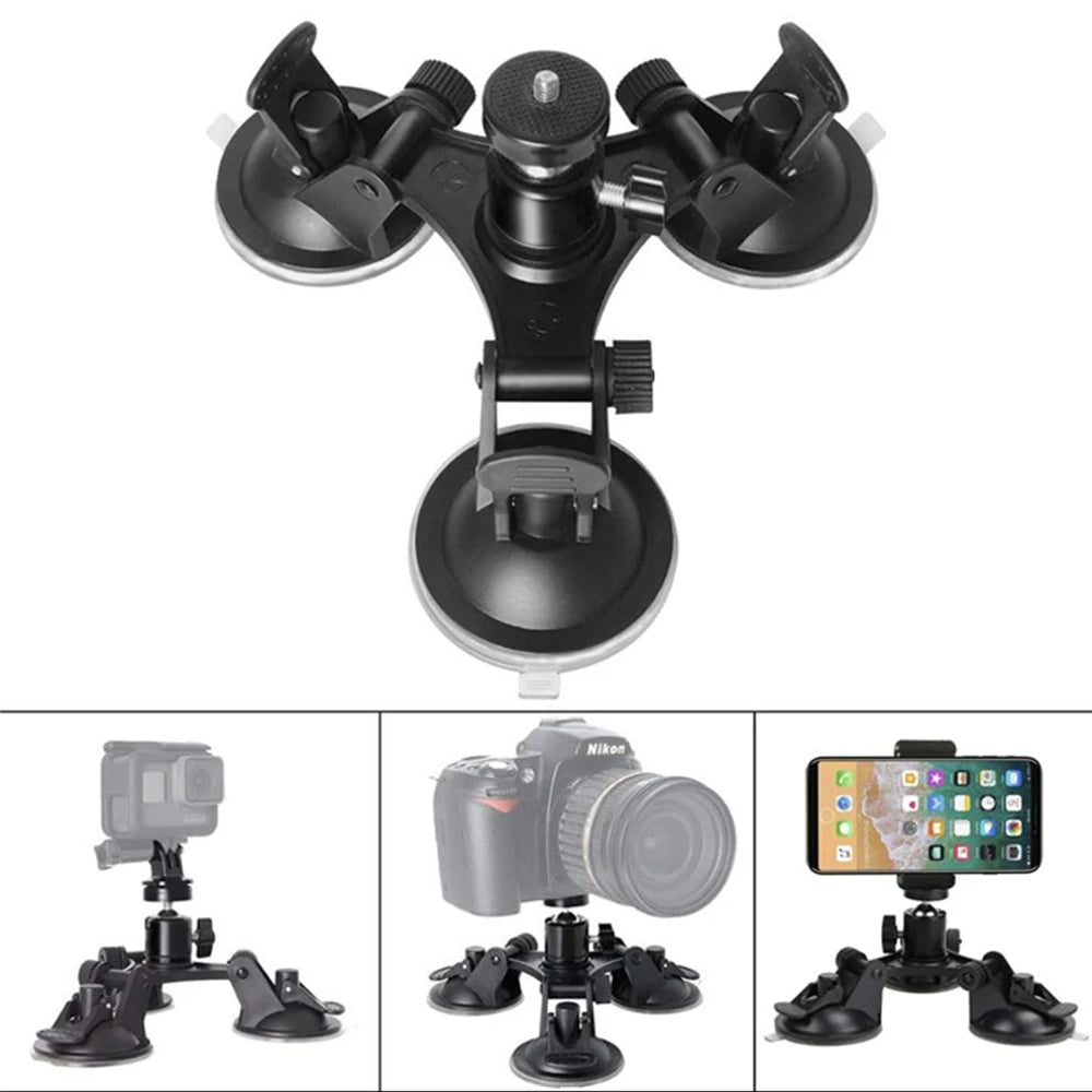 3-kops bilsugekopsholder med stærkt beslag til GoPro Hero 13 12 11 10 9 8, Insta360, SJCAM, AKASO og DJI Osmo Action-kameratilbehør