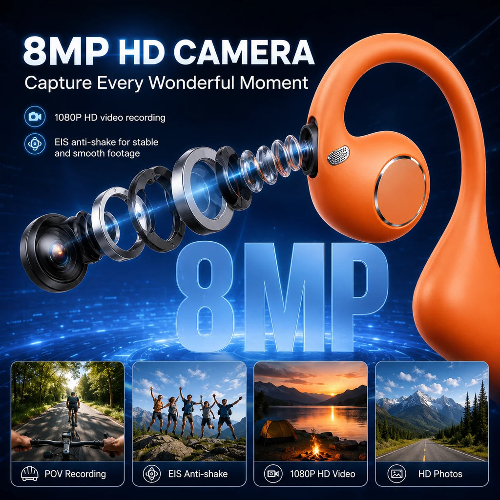 Trådløse sportshovedtelefoner med Bluetooth 5.4, 800w-kamera, 1080P-videooptagelse, WiFi-transmission, musik og behagelig pasform